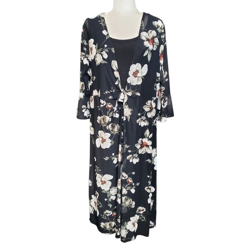 Siren Lily Dress Womens 2X Black Floral Mesh Overlay Long Bell Sleeves Kaftan